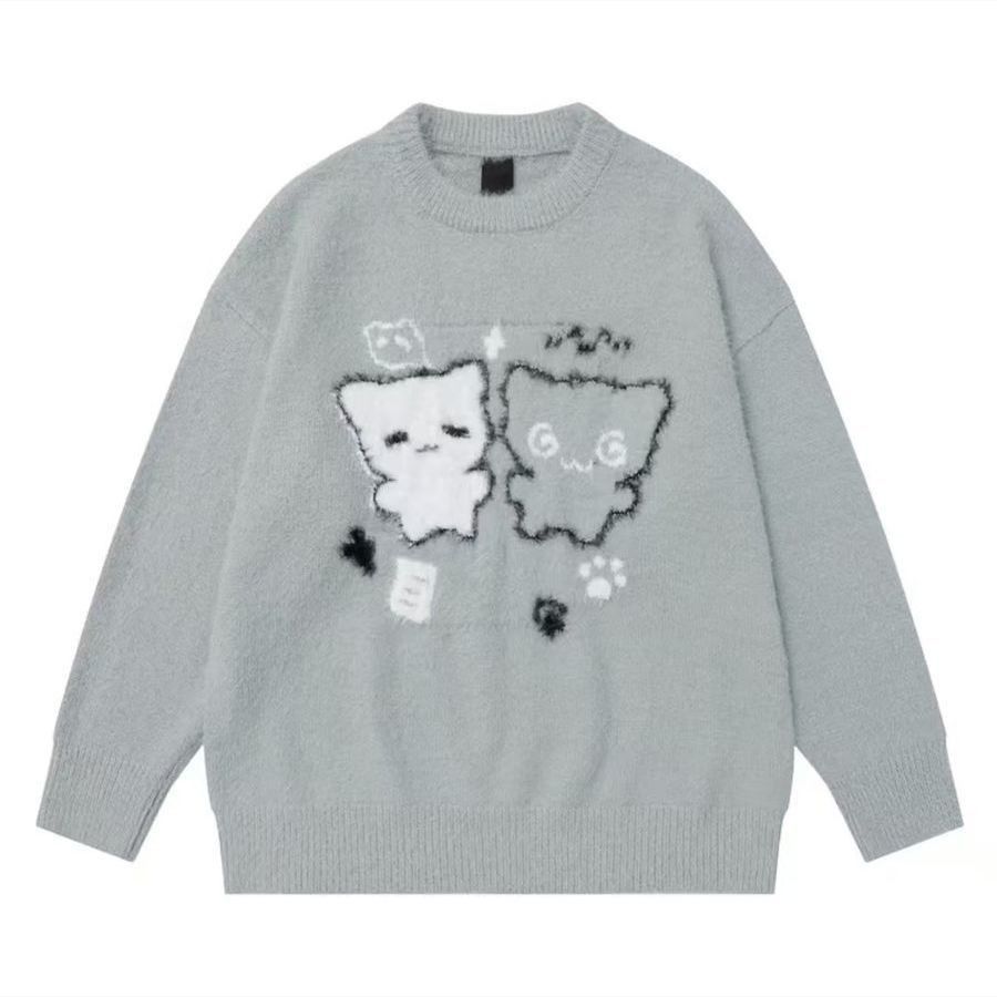 Embroidery Cat - اليابانية Kawaii سترة طويلة الأكمام الكرتون